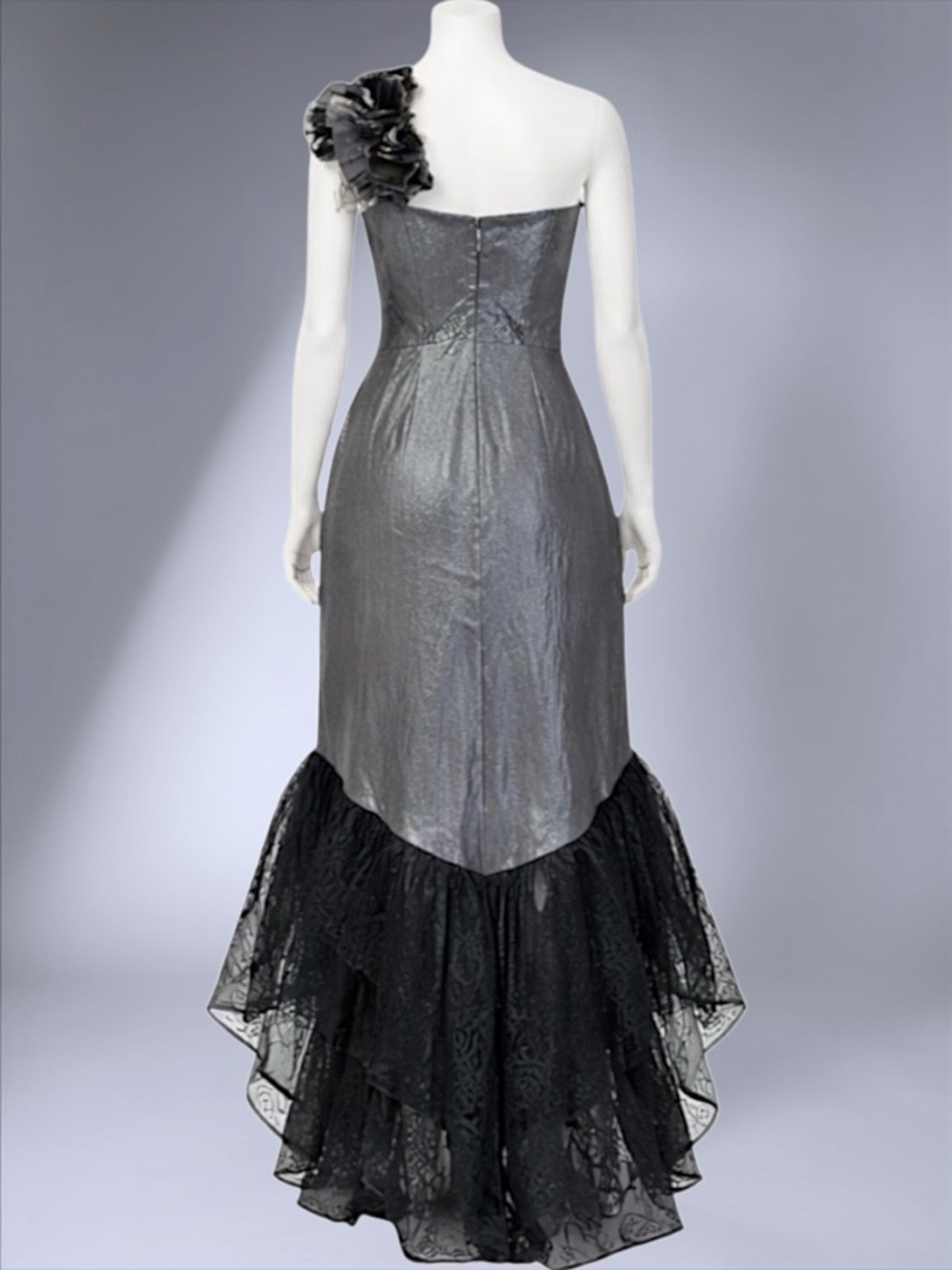 Snap A-Line Metallic Floral One-Shoulder Asymmetrical Tulle Maxi Dress - Picture 5 of 10